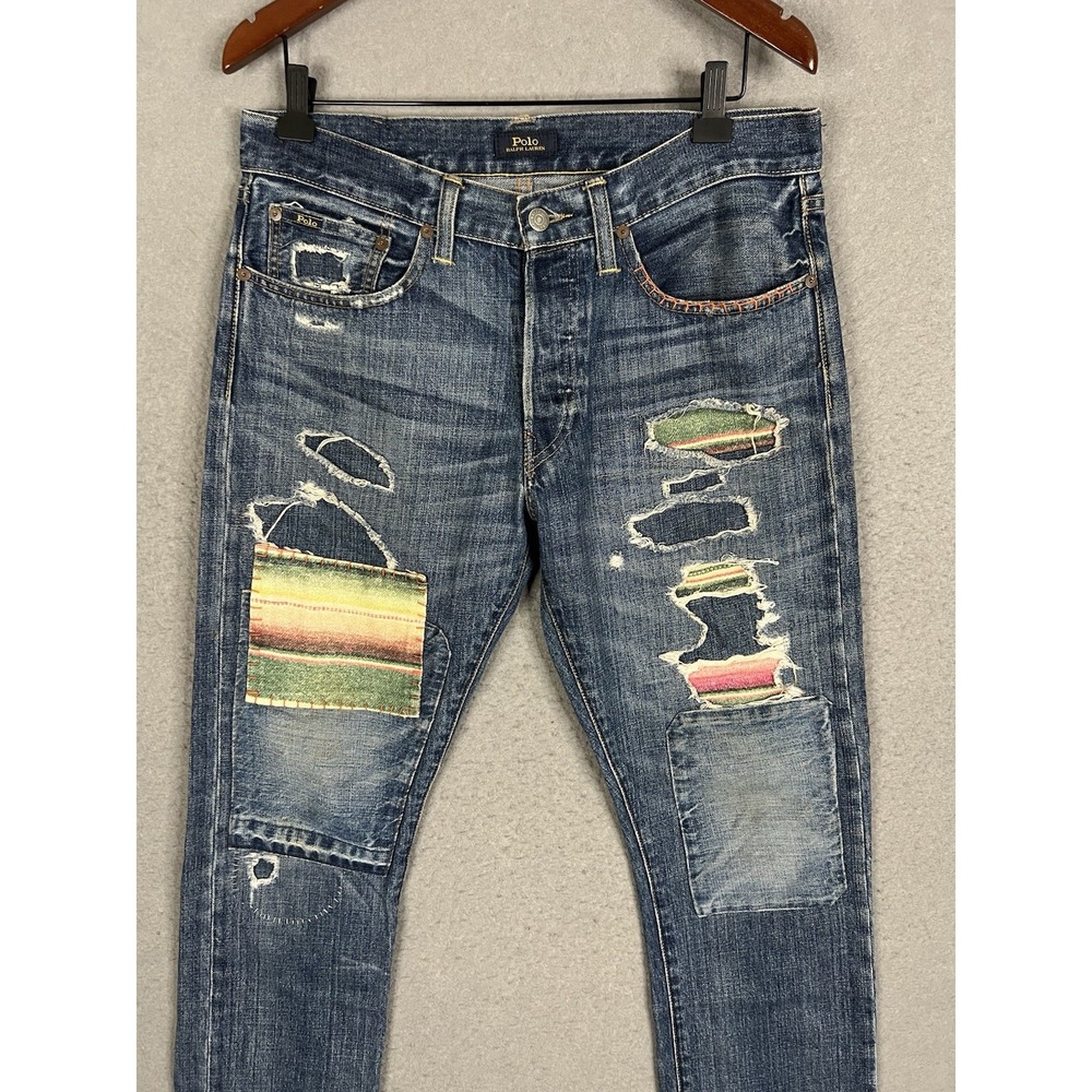 Polo Ralph Lauren Varick Slim Straight Distressed Serape Patchwork Mens 31x30 - Picture 2 of 16